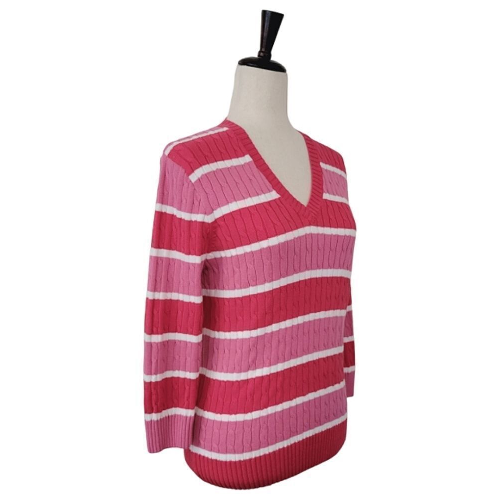 Jeanne Pierre Pink Striped V-neck Cable Knit 3/4 Sleeve Sweater Size M - Picture 3 of 8
